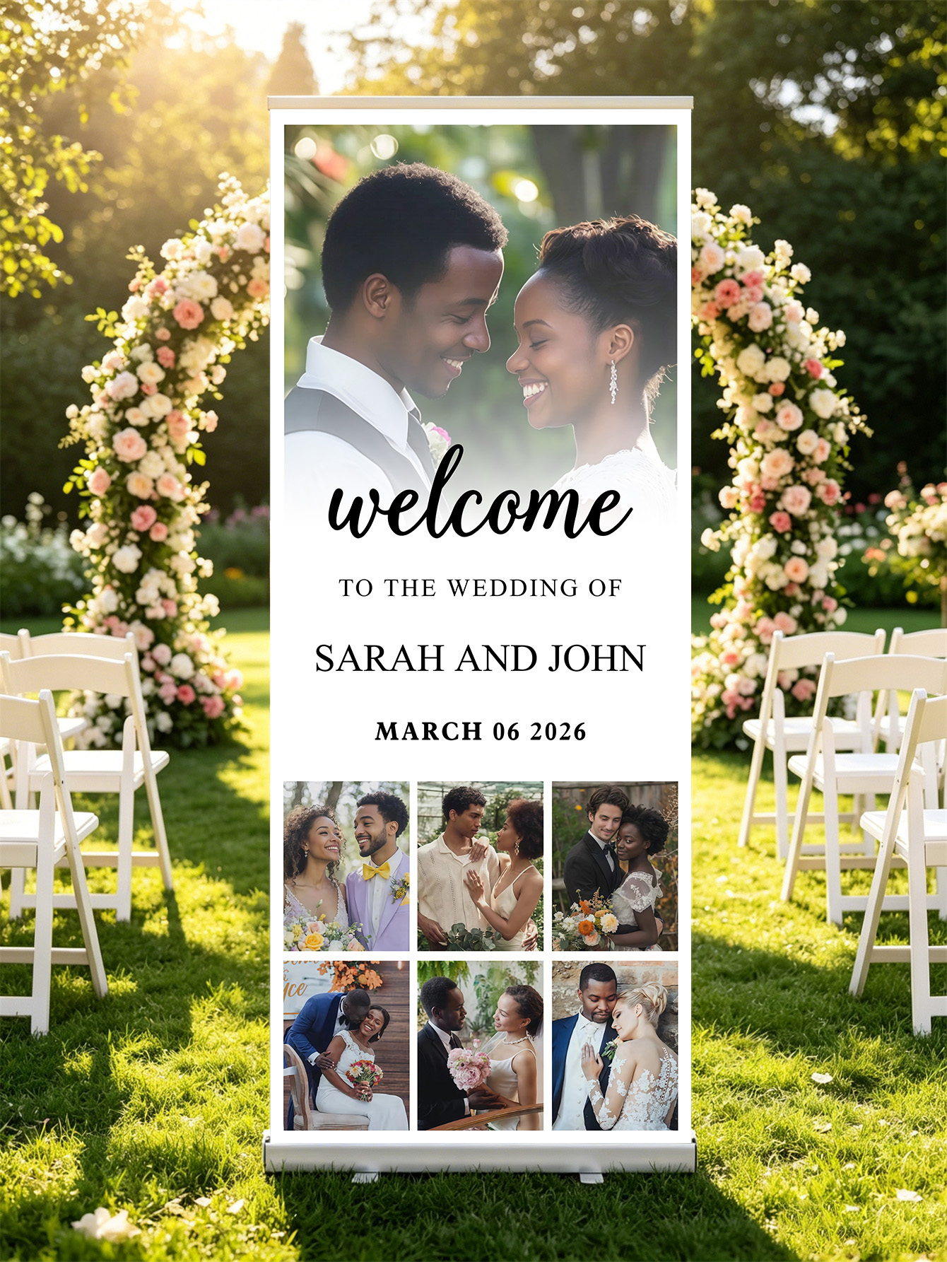 Customized wedding retractable banners - personalized photo wedding welcome signs, reception decorations and background curtains